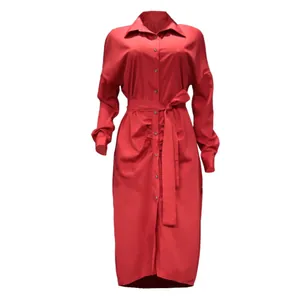Elegant red long sleeve shirt dress with tie-waist and ruched detail for autumn