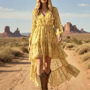 Bohemian floral dress with V-neck and irregular high-low hem in desert landscape