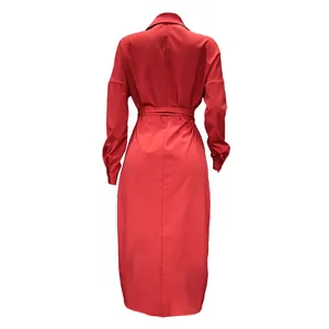 Back view detail of a red long sleeve shirt dress with a matching belt and collar