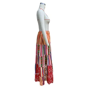 Bohemian ethnic printed tiered maxi skirt side profile view for casual beach vacation