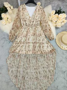 Elegant bohemian floral V-neck long-sleeve dress featuring a stylish irregular high-low hem