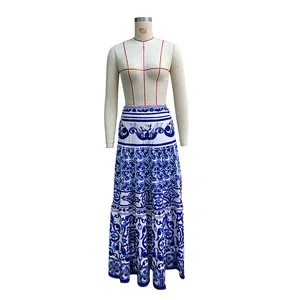 Detailed view of blue and white Mediterranean style printed maxi skirt on a mannequin