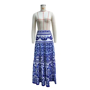 Elegant blue and white porcelain print maxi skirt for beach resort and summer vacation wear