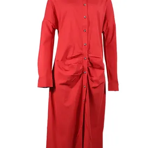 Detailed view of red long sleeve shirt dress with button-down front and ruched waist