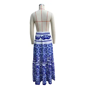 Elegant blue and white floral print maxi skirt, perfect for beach holidays and spring fashion