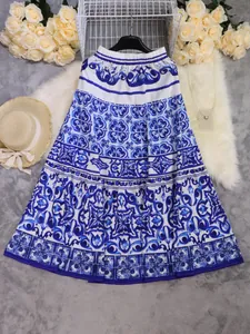 Elegant bohemian blue and white tile print maxi skirt perfect for beach holiday vacation wear