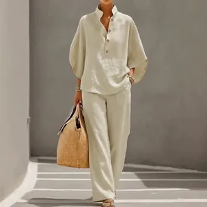 Women Old Money Style Casual Shirt Set Loose Flare Sleeve V-Neck Button Top And Long Pants Two Piece Cotton Summer Outfit