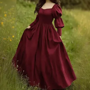 Robe Maxi Femme Élégante Rétro Rouge Vin Col Carré Manches Bouffantes Longues Taille Haute Couleur Unie Épissage Style Palais