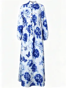 Robe longue vintage à fleurs bleues avec col officier et élégantes manches lanternes