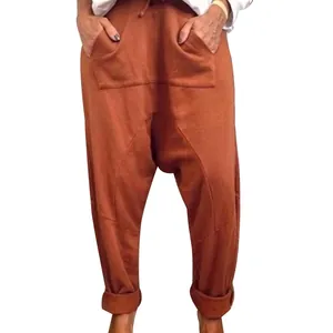 Women's casual terracotta drop-crotch harem pants with pockets for autumn style.