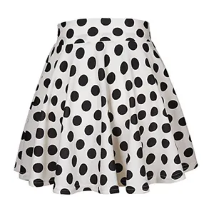 Retro-style white flared mini skirt featuring bold black polka dots and high waist
