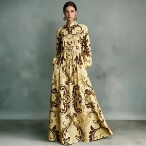 Robe longue élégante à imprimé floral vintage avec col montant et manches bouffantes