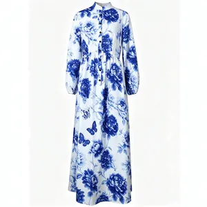 Robe longue élégante à imprimé floral bleu vintage avec col montant et manches lanternes