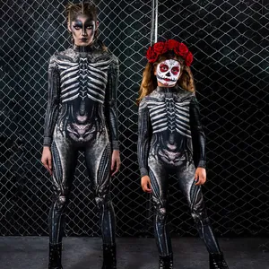 Women Skeleton Jumpsuit Skeleton Body Print Halloween Costume Cosplay Party Skinny Bodysuit Long Sleeve Scary Romper For Women