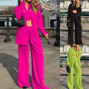 Elegant Women 3-Piece Pants Suit Set Single Breasted Blazer Jacket Crop Top Wide Leg Trousers Office Lady Commute Outfit