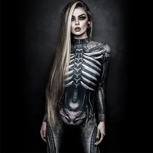 Detailed view of women's skeleton print bodysuit for Halloween cosplay party