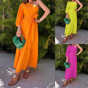 Women One Shoulder Midi Dress Cotton Linen Long Puff Sleeve Elegant Tie Waist Tiered Vacation Dress Solid Color Dress