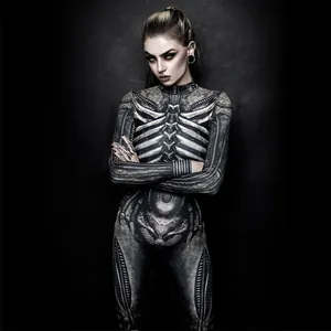 Macro view of women's Halloween bodysuit featuring a 3D biomechanical skeleton bone print