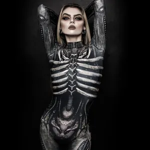 Detailed view of a women's biomechanical skeleton print bodysuit for Halloween party cosplay