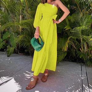 Vibrant lime yellow one-shoulder cotton linen maxi dress with a tie-waist detail