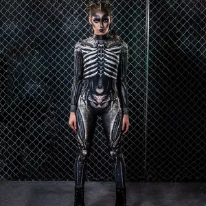 Detailed front view of the 3D skeleton print Halloween cosplay skinny bodysuit for women