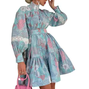 Elegant floral print mini shirt dress featuring a high collar and lantern sleeves
