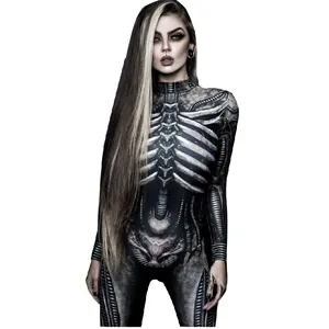 Detailed view of women's Halloween skeletal biomechanical print bodysuit for cosplay