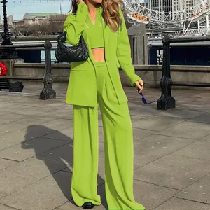 Fashionable 3-piece lime green blazer suit set featuring crop top and wide-leg trousers