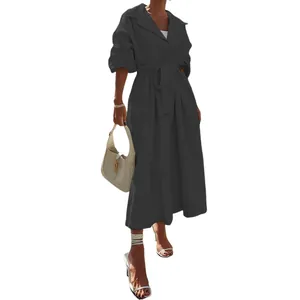 Elegante effen trenchcoatjurk met lange mouwen en riem voor dames in de kleur donkergrijs