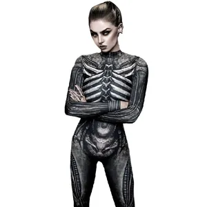Detailed view of women's skeleton print jumpsuit for Halloween cosplay