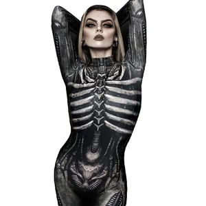 Detail showing skeletal and mechanical print on tight-fitting Halloween jumpsuit