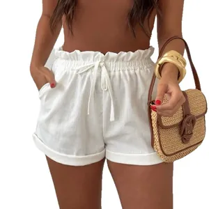 Casual white cotton linen shorts with high-waisted drawstring and ruffles for summer
