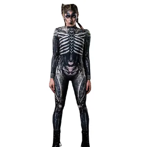 Full-body view of women's tight jumpsuit with realistic skeleton print for Halloween party