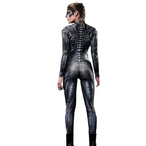 Back view detail of biomechanical skeletal print bodysuit for Halloween party cosplay