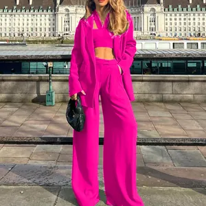Elegant 3-piece hot pink blazer suit with wide-leg trousers for autumn fashion style