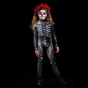 Detailed realistic skeleton and bone print on girls Halloween cosplay bodysuit costume