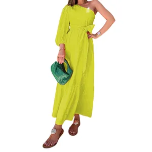 Full view of elegant lime green one-shoulder midi dress with tie waist and tiered hem