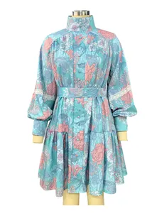 Elegant high-collar floral print shirt dress with lantern sleeves and tiered skirt