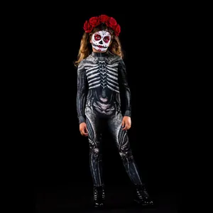 Full view of children's skeleton print jumpsuit with floral headpiece for Halloween
