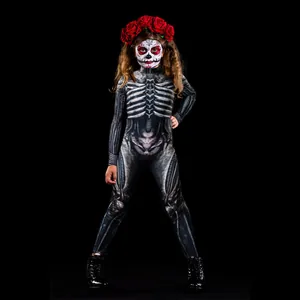 Child skeleton jumpsuit for Halloween cosplay party, skinny fit with 3D bone print.