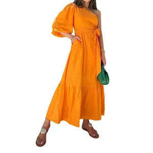 Vibrant orange one-shoulder cotton-linen midi dress with lantern sleeve and tie waist detail