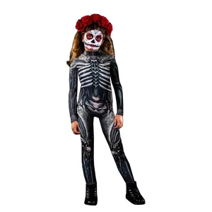 Full body view of girls Halloween skeleton print bodysuit with Day of the Dead makeup