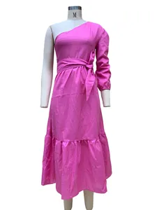 Detail view of pink one-shoulder midi dress in breathable cotton linen fabric