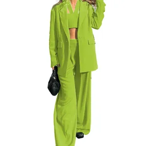 Professional view of women's 3-piece lime green blazer set with trousers and crop top