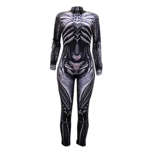 Macro view of detailed bone and biomechanical print on black Halloween bodysuit