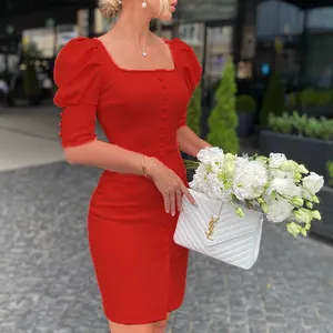 Elegant red square neck puff sleeve bodycon dress with chic front button details