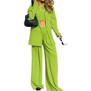 Elegant 3-piece lime green blazer set including crop top and wide-leg trousers for women