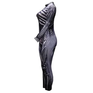 Side view of woman's Halloween skeleton print bodysuit for cosplay and parties