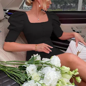 Elegant black square neck puff sleeve midi dress for women in a luxury car setting