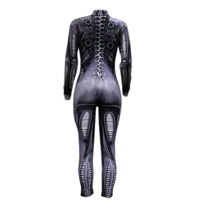 Detailed back view showing realistic 3D skeletal print on a Halloween bodysuit cosplay